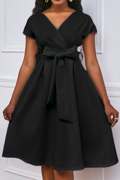 Solid Color Belted Bow Tie Waist Dress