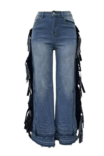 Side Fringe Wide Leg Raw Hem Jeans