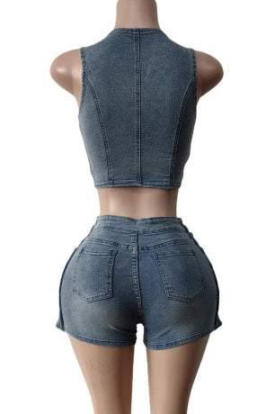 Stretch Denim Apron Shorts Set - Vest & Shorts