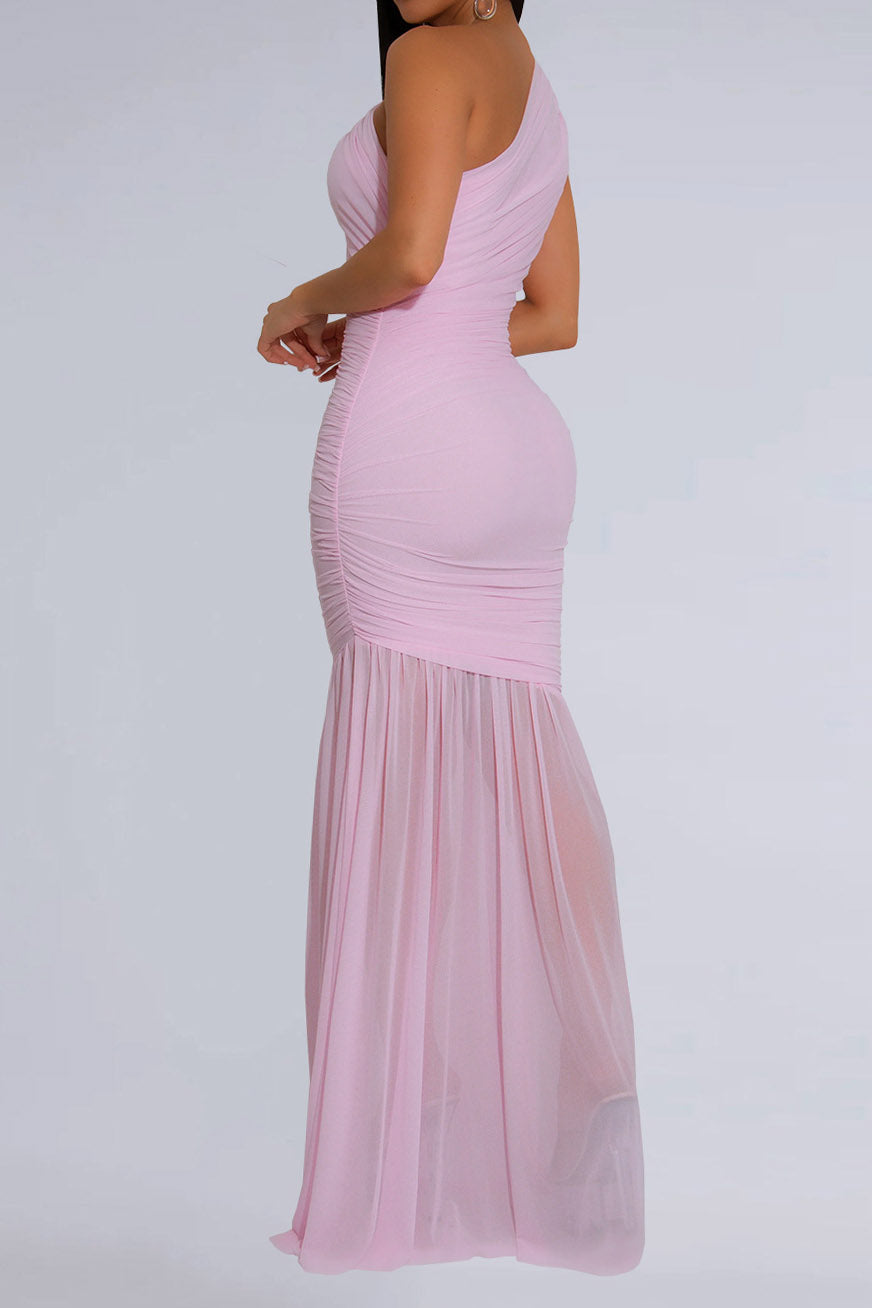 One-Shoulder Ruched Mesh Maxi Dress