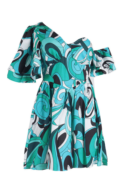 Asymmetrical Ruffle Sleeve Waist Slim Dress
