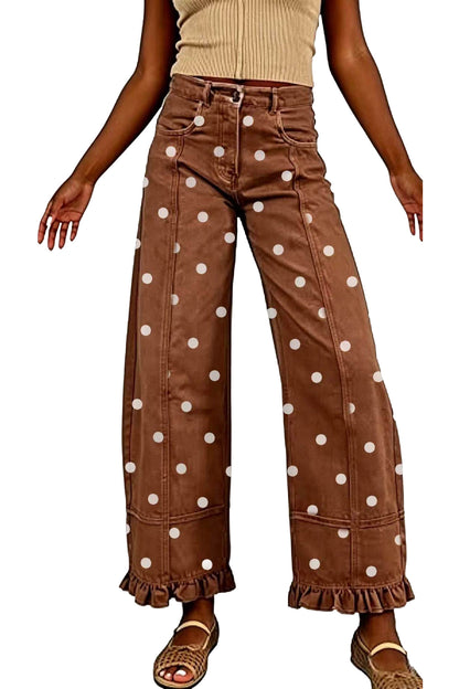 Polka Dot Wide Leg Jeans with Ruffle Hem