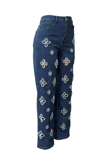 Pearl Embellished Floral Cutout Jeans