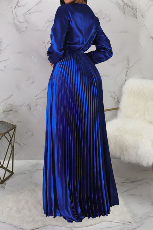 Faux Silk Pleated Tie-Waist Maxi Dress