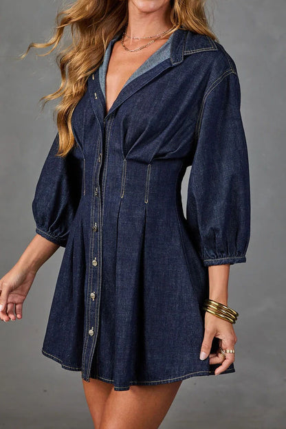 Puff-Sleeve Denim Mini Shirt Dress
