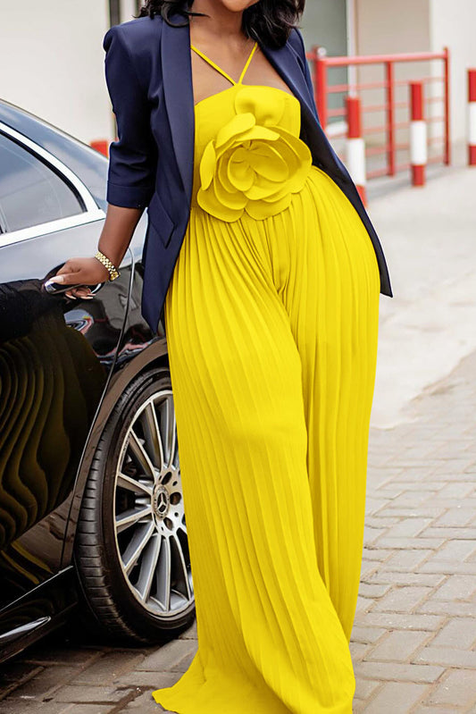 Floral Solid Color Pleated Jumpsuit