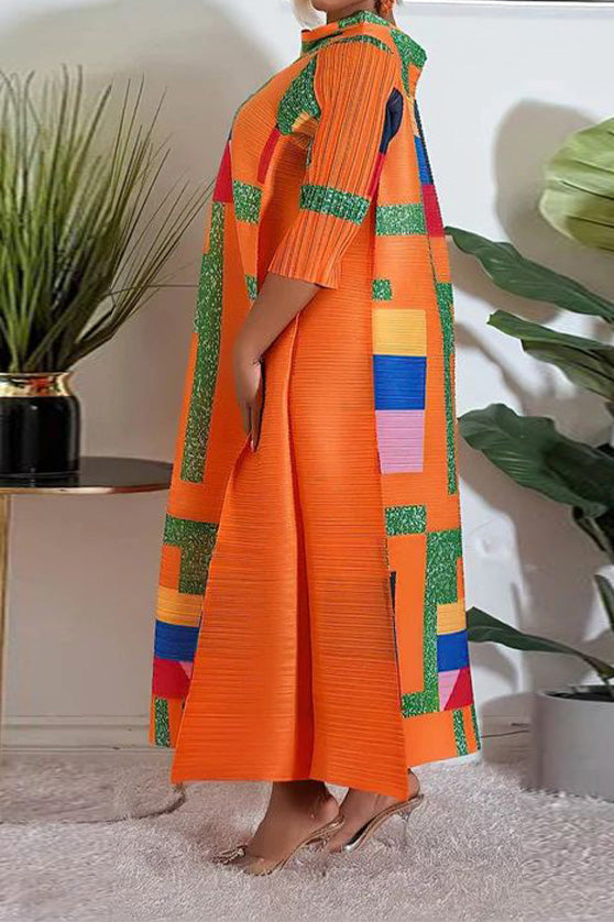 Abstract Print Pleated A Line Midi Dress