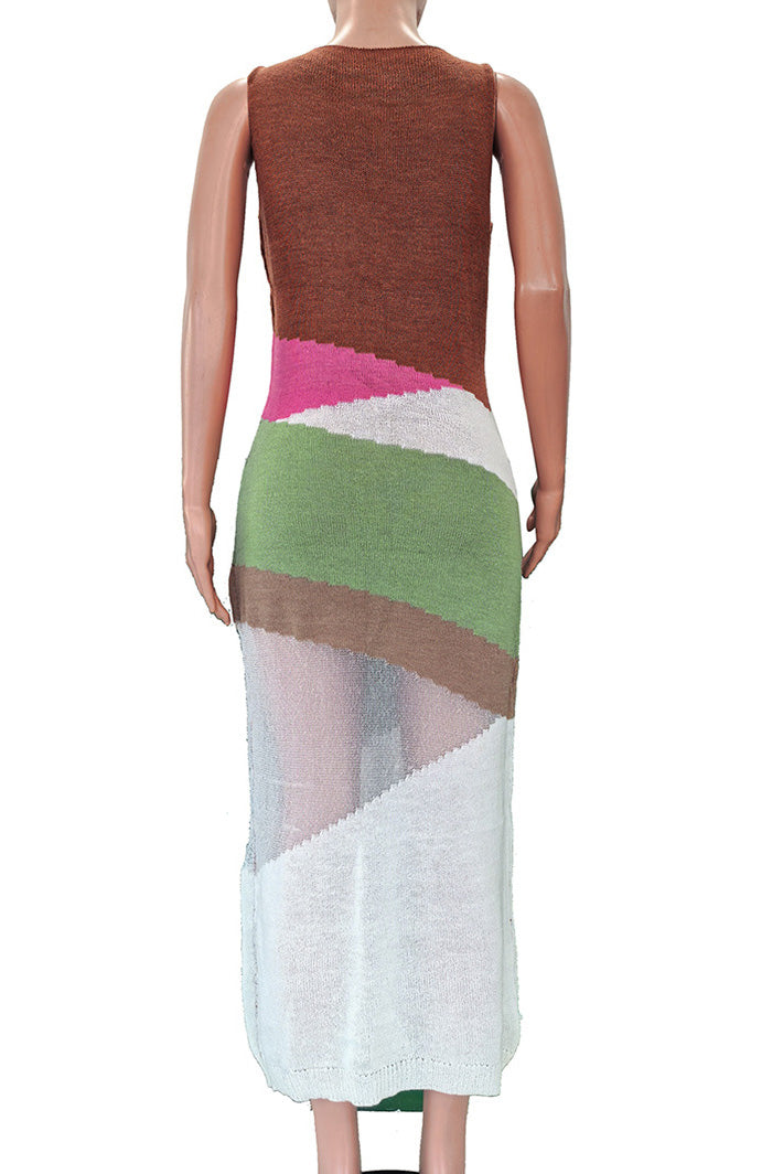 Diagonal Colorblock Knit Maxi Dress