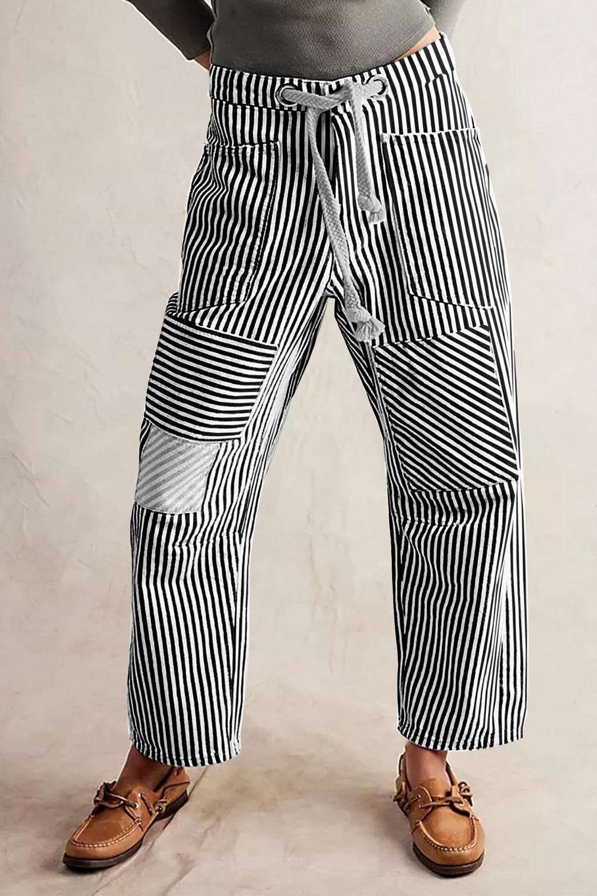 Loose Casual Striped Wide Leg Drawstring Trousers