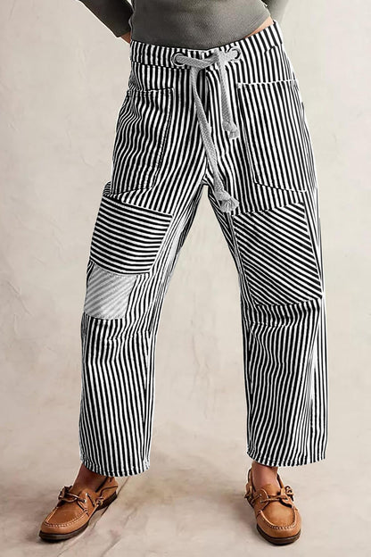 Loose Casual Striped Wide Leg Drawstring Trousers