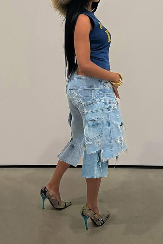 Double Denim Baggy Capri Jeans