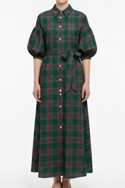 Ruffle Sleeve Plaid Button Maxi Shirt Dress