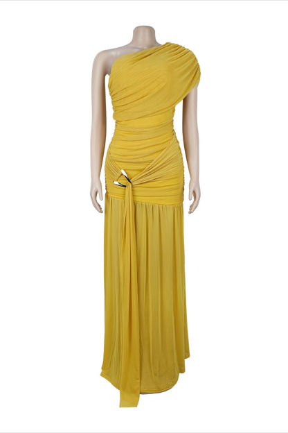 One Shoulder Ruched High Slit Maxi Dress