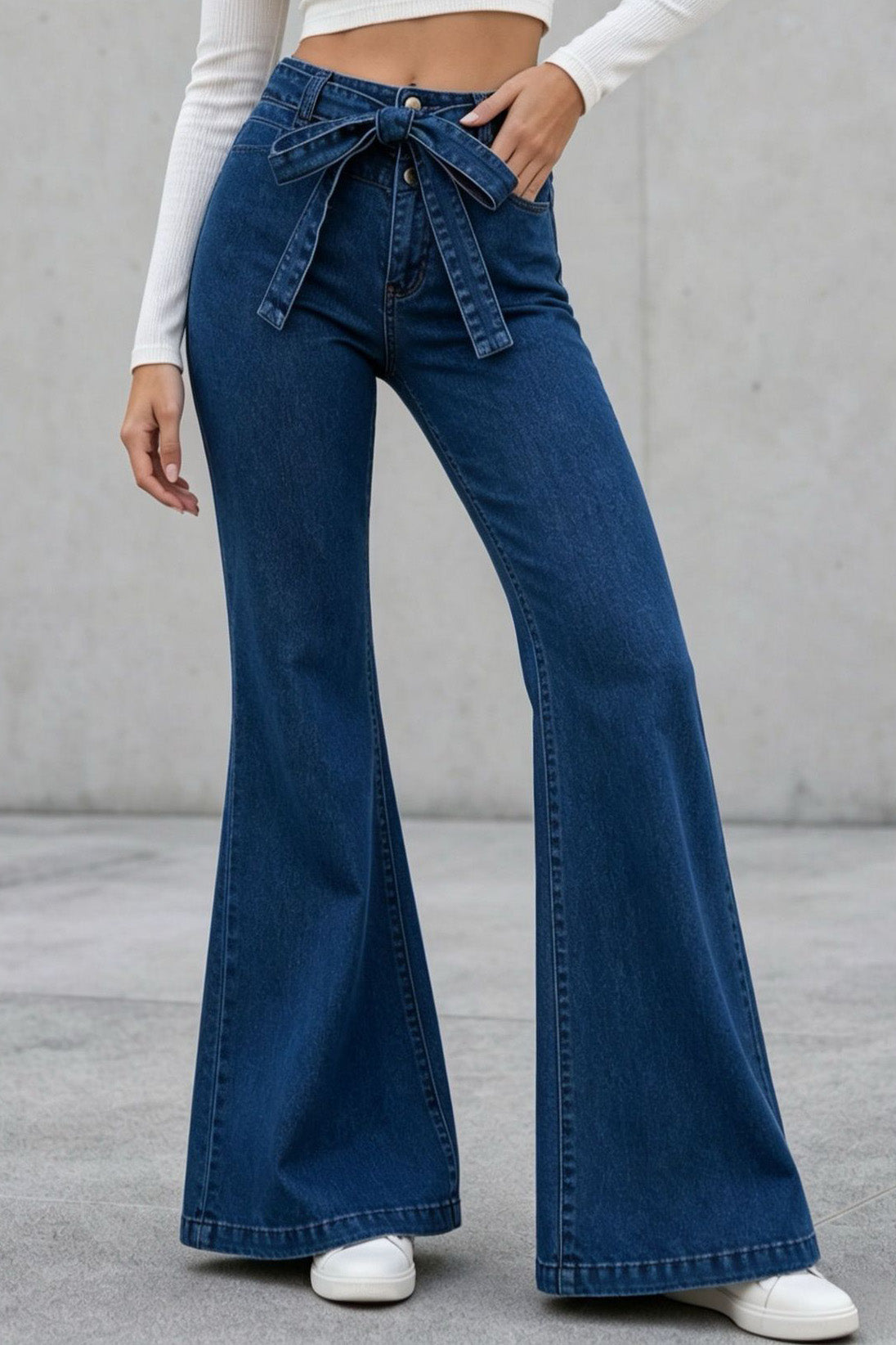 Medium Stretch High Rise Tie Belt Flare Jeans