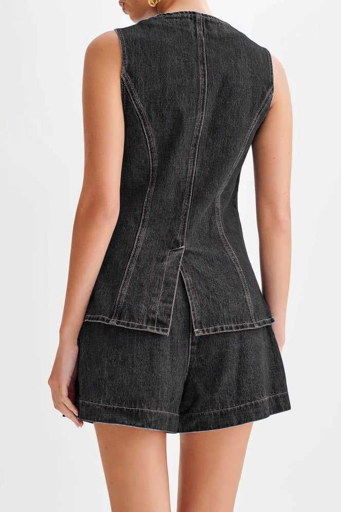 Denim Button-Up Vest & Shorts Set