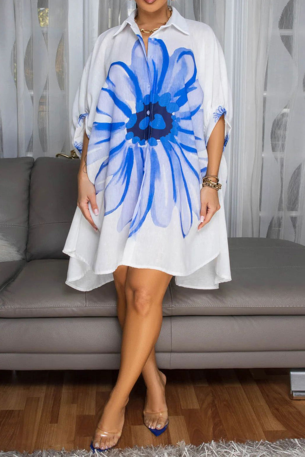 Sunflower Print Off-White Linen Shirt Dress