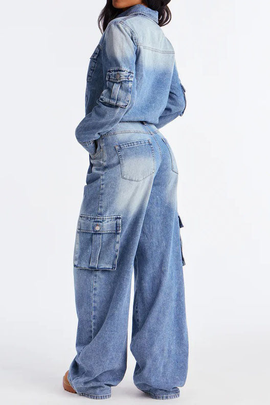 Washed Denim Utility Wide Leg Jumpsuit