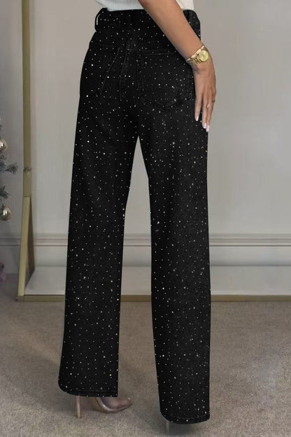 Wide-Leg High-Waist Rhinestone Jeans