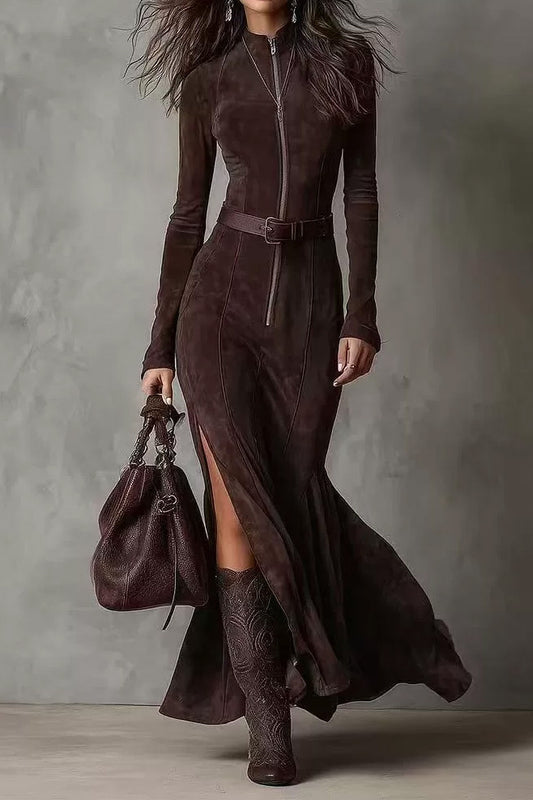 Long Sleeve Zipper Slim Fit Slit Maxi Dress