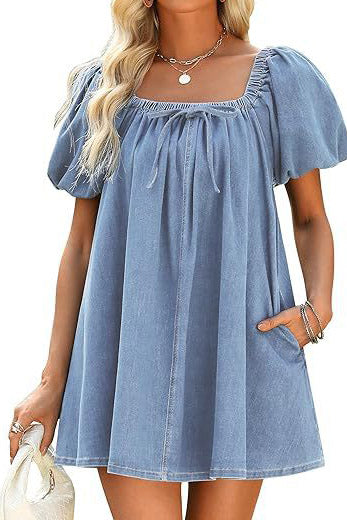 Bubble Sleeve Square Neck Denim Babydoll Dress