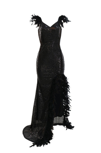 Feather Sequins Strap High Slit Dress