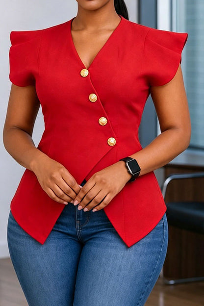 Asymmetrical Button-Front Flutter Sleeve Peplum Top