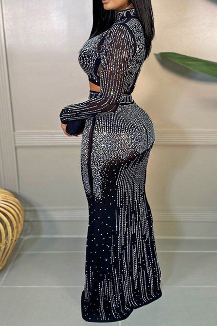 Rhinestone Mesh Illusion Two-Piece Maxi Set