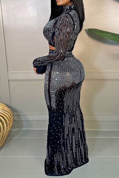 Rhinestone Mesh Illusion Two-Piece Maxi Set