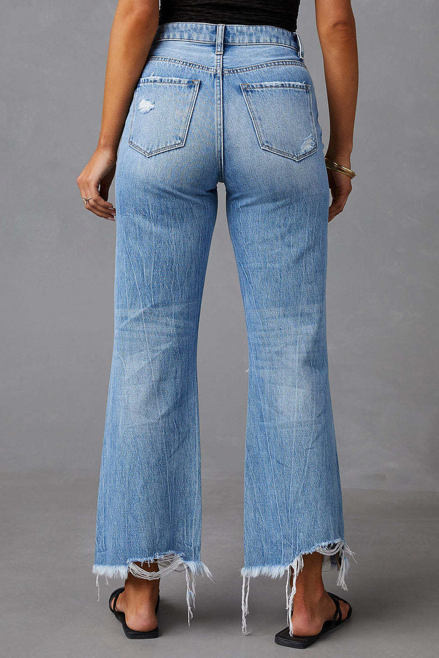 High Waist Distressed Raw Hem Cropped Jeans