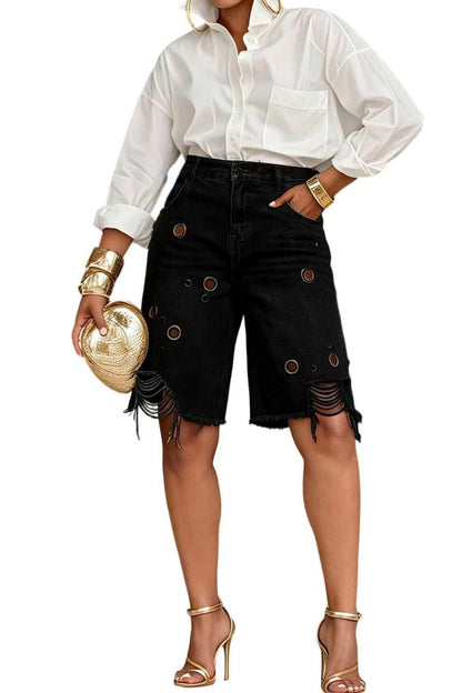 Grommet Distressed Denim Bermuda Shorts