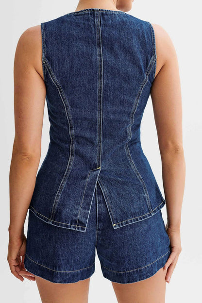 Denim Button-Up Vest & Shorts Set