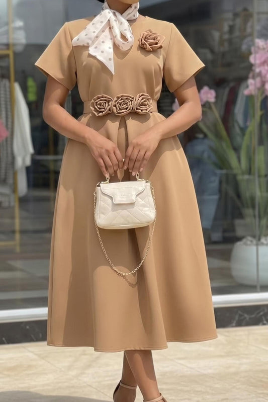 3D Rosette Belted A-Line Midi Dress