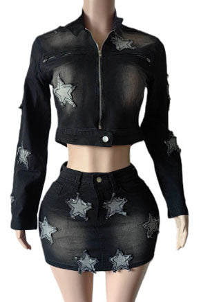 Star Patch Denim Skirt Set