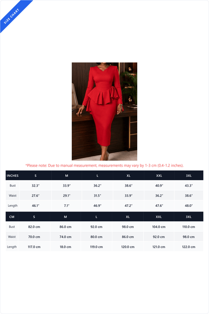 V Neck Peplum Ruffle Pencil Midi Dress
