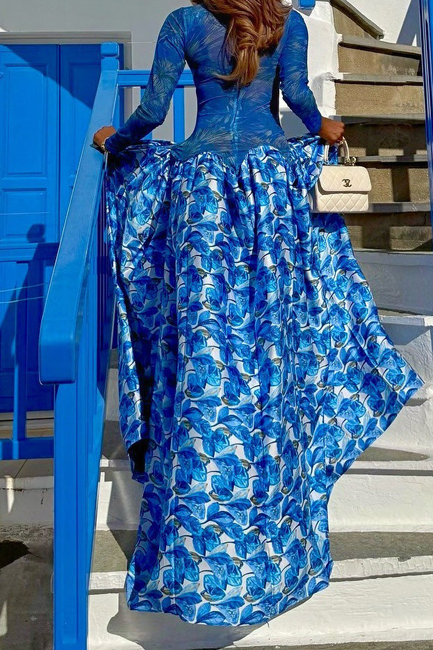Mock Neck Mesh Floral Maxi Dress