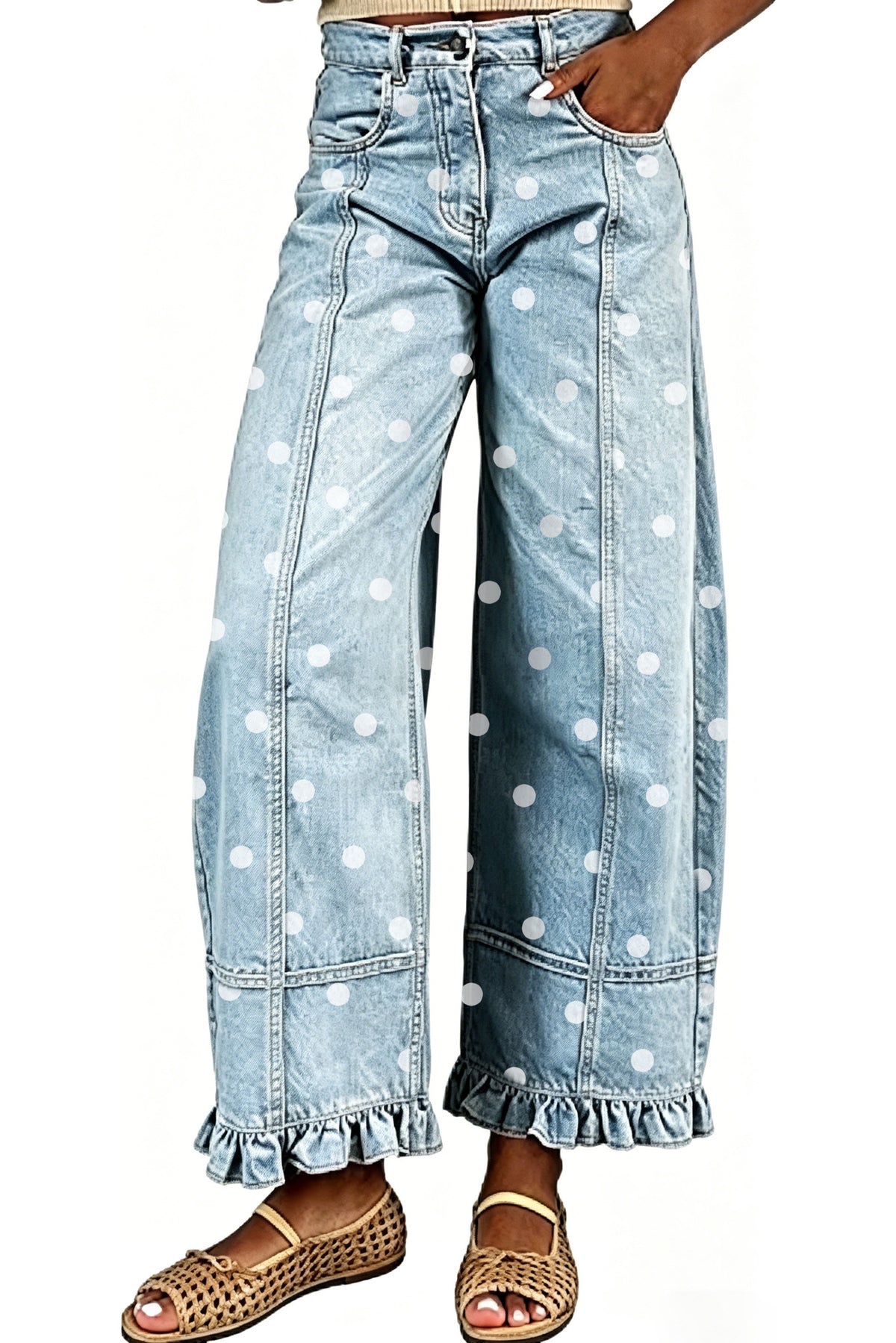 Polka Dot Wide Leg Jeans with Ruffle Hem