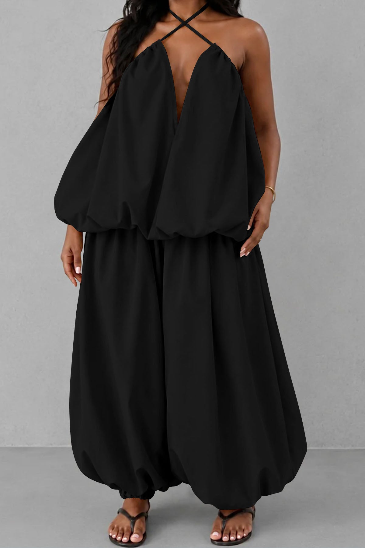 Plus Size Plunging Halter Oversized Top & Harem Pants Set