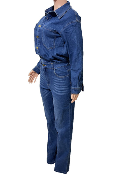 Stretch Long Sleeve Denim Jumpsuit