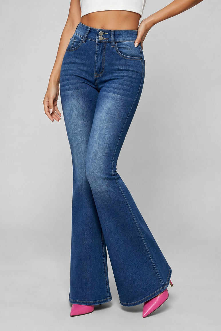 High Rise Double Button Flare Jeans