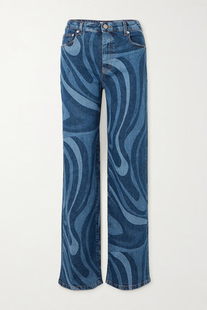 Wave Print Straight Leg Denim Jeans