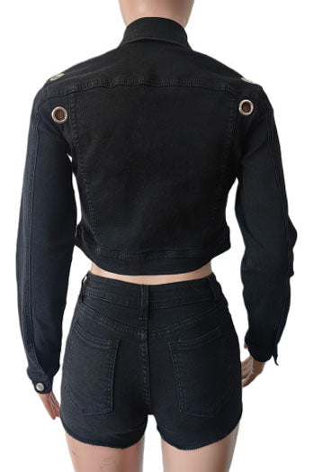 Eyelet Cropped Denim Jacket & Shorts Set