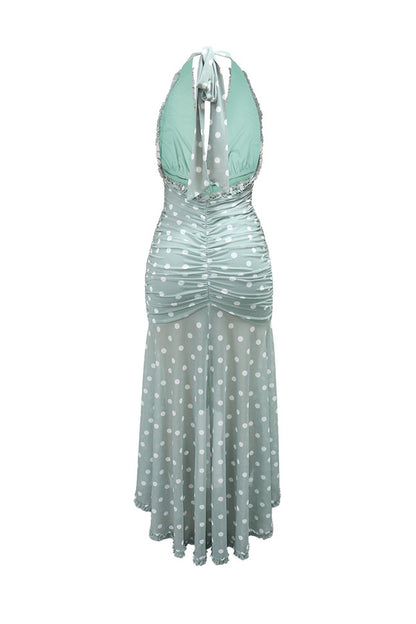 Plunging Halter Ruched Ruffle Maxi Dress