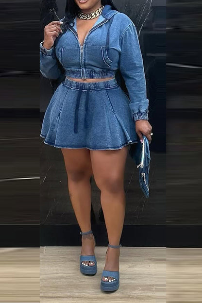 Casual Washed Denim Skirt Set