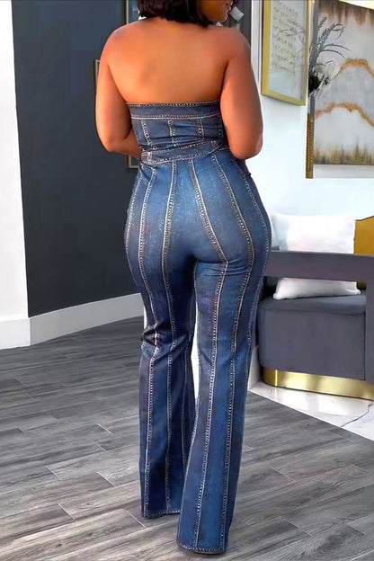 Denim Print Strapless Wide Leg Jumpsuit
