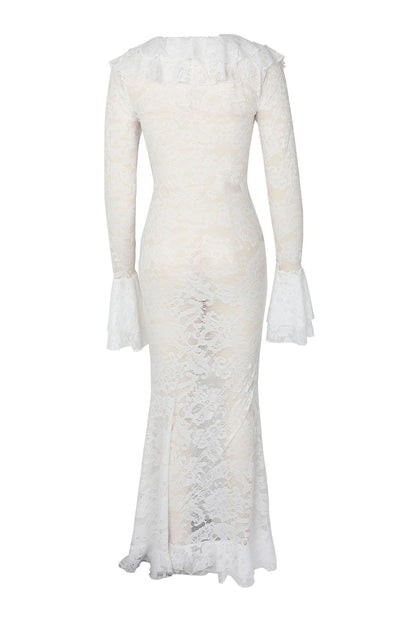 Sheer Lace Ruffled Slit Maxi Dress
