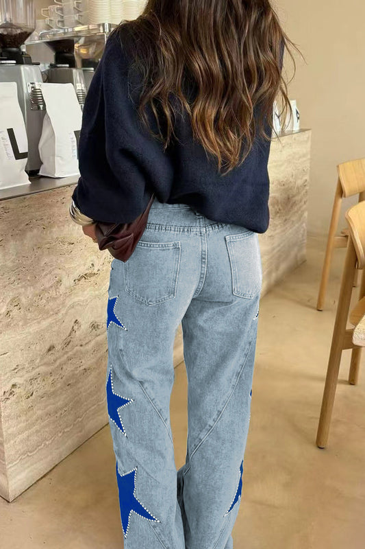 High-Waisted Star Patch Wide Leg Jeans