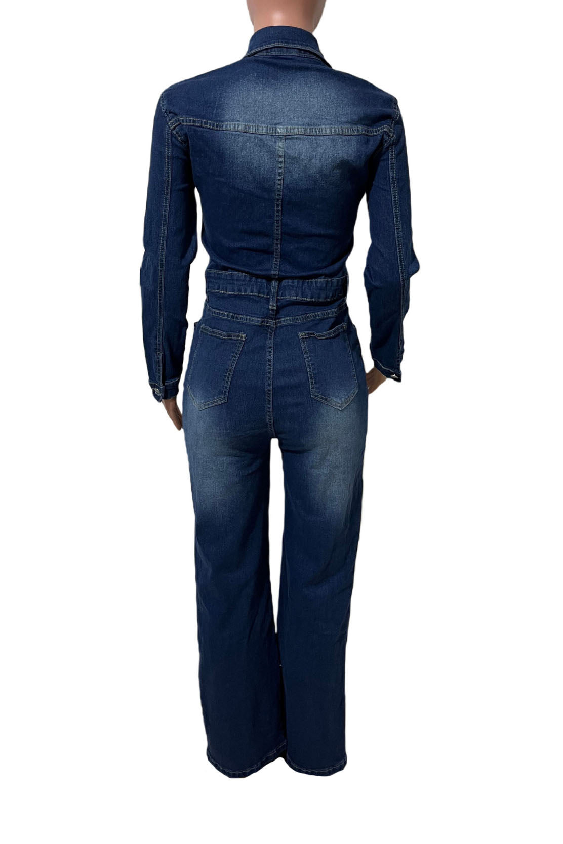Stretch Flare Long Sleeve Denim Jumpsuit