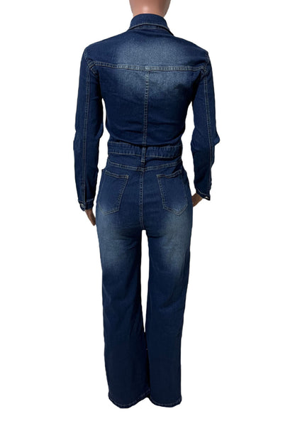 Stretch Flare Long Sleeve Denim Jumpsuit
