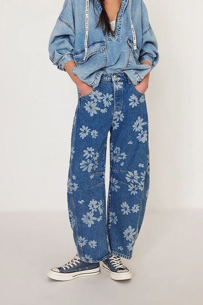 Floral Print Relaxed Barrel Leg Jeans