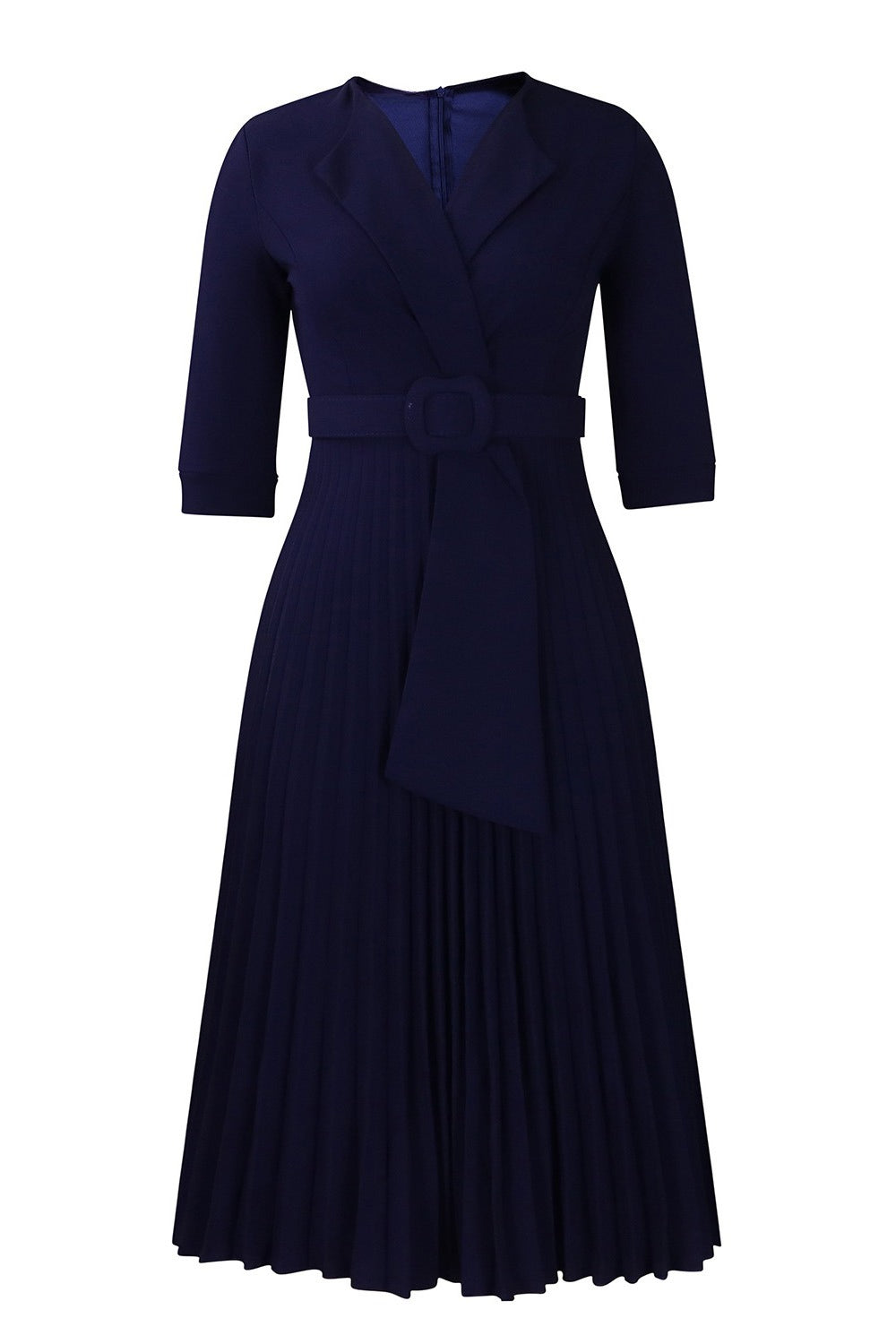 Pleated A-Line Blazer Midi Dress with Belt